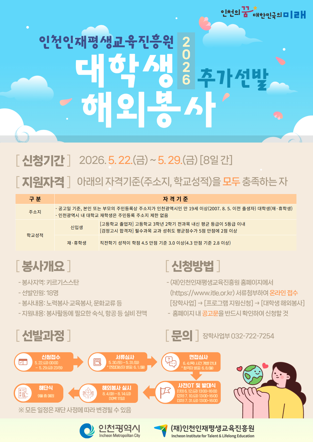 2026년도 (재)인천인재평생교육진흥원 대학생 해외봉사 장학생 추가선발